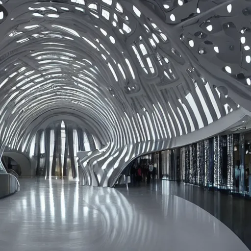 Image similar to extremely detailed ornate stunning beautiful elegant futuristic museum lobby interior by Zaha Hadid