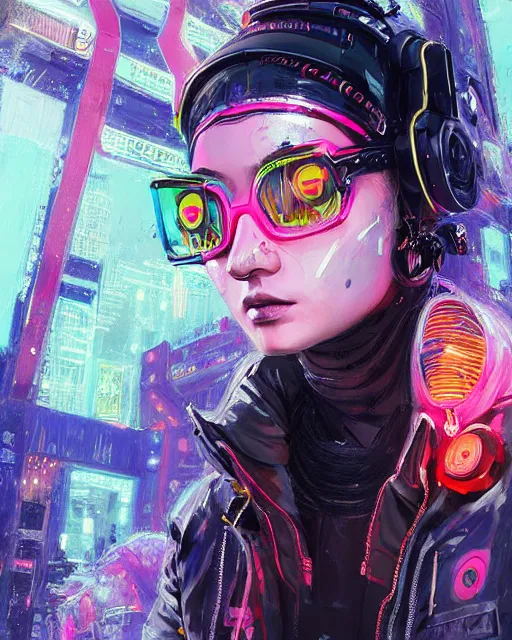 Image similar to detailed portrait Neon Operator Girl, cyberpunk futuristic neon, reflective puffer jacket, black leggings, decorated with traditional Japanese ornaments by Ismail inceoglu dragan bibin hans thoma !dream detailed portrait Neon Operator Girl, cyberpunk futuristic neon, reflective puffy coat, decorated with traditional Japanese ornaments by Ismail inceoglu dragan bibin hans thoma greg rutkowski Alexandros Pyromallis Nekro Rene Maritte Illustrated, Perfect face, fine details, realistic shaded, fine-face, pretty face