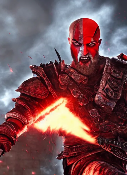 Image similar to red face paint armored screaming kratos rocking out on a flaming stratocaster guitar, cinematic render, god of war 2 0 1 8, playstation studios official media, lightning, flames, left eye red stripe, red left eye stripe, left eye red stripe, red left eye stripe, clear, coherent, guitar