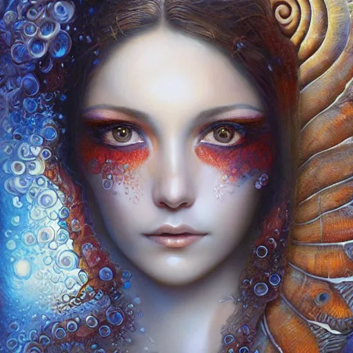 Image similar to a beautiful ammonite manipulating water by karol bak, ayami kojima, artgerm, river, water, blue eyes, smile, concept art, fantasy