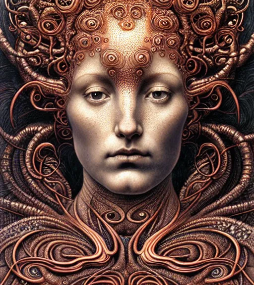 Image similar to detailed realistic beautiful copper goddess face portrait by jean delville, gustave dore, iris van herpen and marco mazzoni, art forms of nature by ernst haeckel, art nouveau, symbolist, visionary, gothic, neo - gothic, pre - raphaelite, fractal lace, intricate alien botanicals, biodiversity, surreality, hyperdetailed ultrasharp octane render