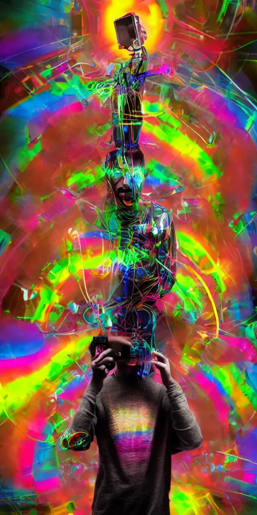 Image similar to man becomes controlled by a smartphone he gazes at while he played like a marionette, puppet, intricate complexity, horror, psychedelic glitch art, rainbow drip paint, trending on art station, photoreal, 8k, octane render