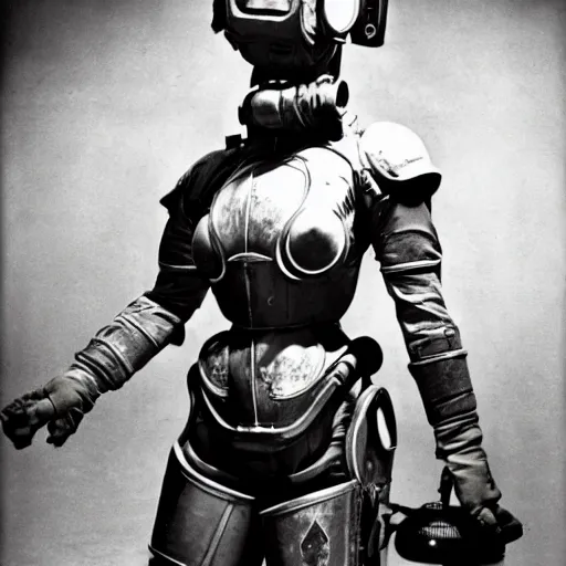 Image similar to A Filipino woman wearing Fallout 3 power armor, portrait, by Philippe Halsman