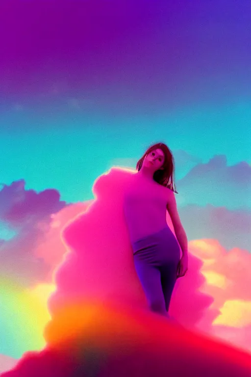 Image similar to high quality pastel coloured film photograph of a model wearing clothing resting on cloud furniture in a nordic black rock environment in a partially haze filled dreamstate world. three point light, rainbow. photographic production. art directed. pastel colours. volumetric clouds. pastel gradient overlay. waves glitch artefacts. 8 k. filmic.