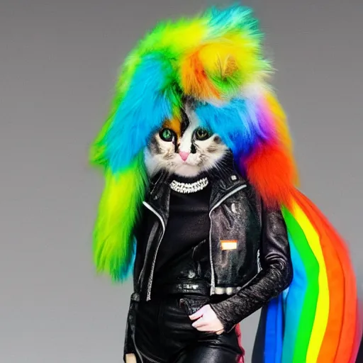 Image similar to wide angle full body, jacket wearing fluffy cute rainbow kitten wearing a black leather motorcycle jacket, cinematic concept art