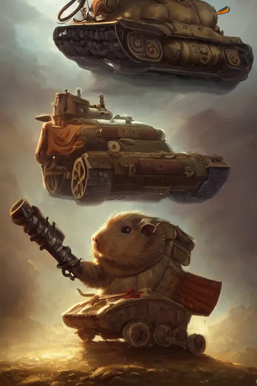 Image similar to cute little anthropomorphic Guinea Pig driving a tank, tiny, small, short, American tanker outfit, cute and adorable, pretty, beautiful, DnD character art portrait, matte fantasy painting, DeviantArt Artstation, by Jason Felix by Steve Argyle by Tyler Jacobson by Peter Mohrbacher, cinematic lighting