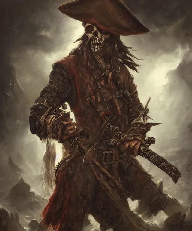 Prompt: ultra realistic color portrait painting of an undead 1 7 th century pirate with a sword in a grotto, dark, painted, brooding, atmospheric, seascape, horror, smooth, epic, highly detailed, cinematic, by keith parkinson