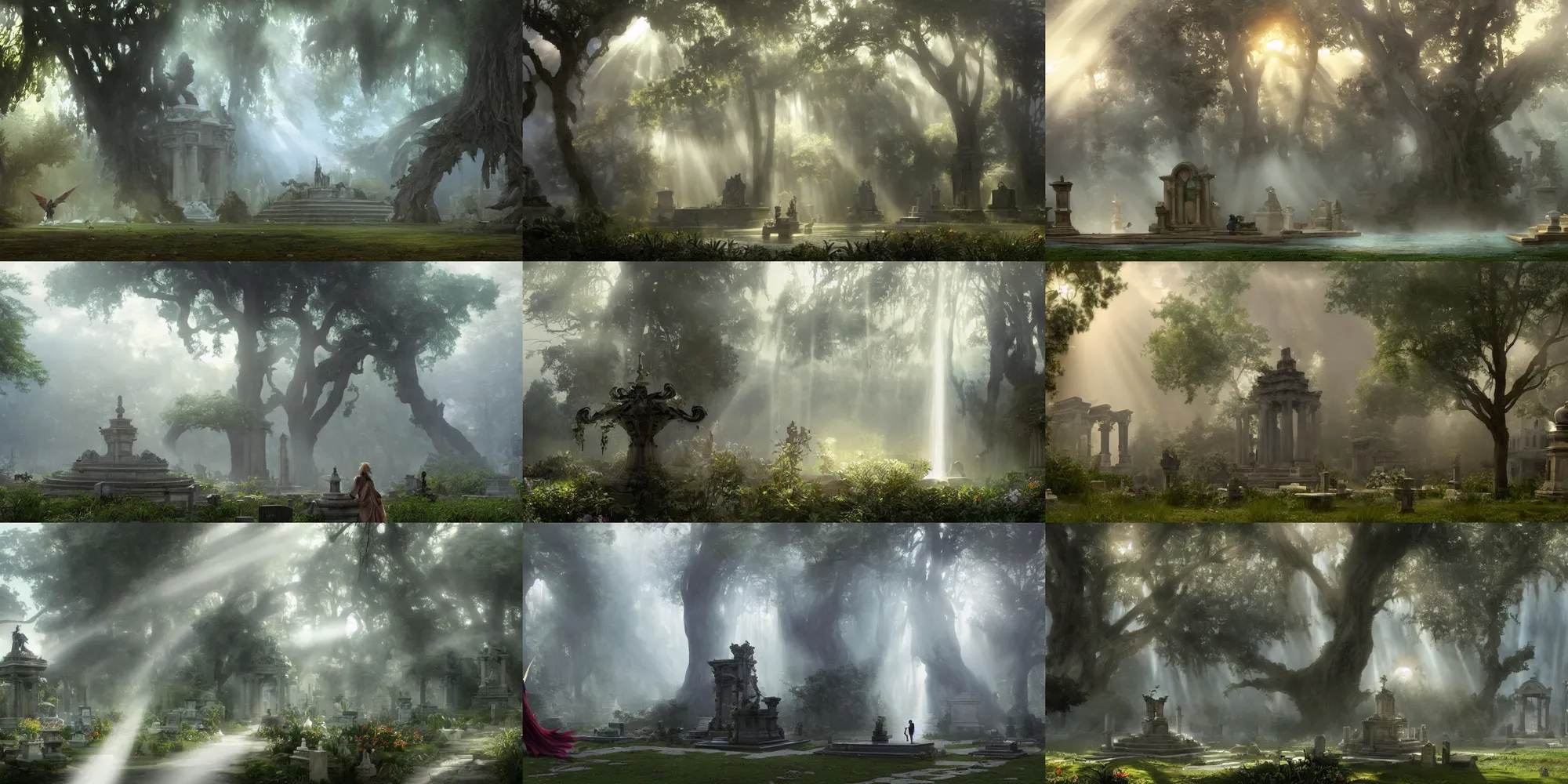 Prompt: Cinematic stills from Final Fantasy and The Last Guardian mashup, Greek architecture, fountain, cemetery, mystical forest with enormous trees, god rays, bloom, volumetric fog, moody ambiance, dynamic poses, diaphanous cloth, intricate jewelry, cinematic lighting, twilight, sunset, by Alphonse Mucha, by James Gurney, by Bouguereau, by Rubens, fantasy, portfolio illustration, highly detailed, trending on Artstation, CGsociety, HQ, 8k, 35mm lens, f2.8, Bokeh,