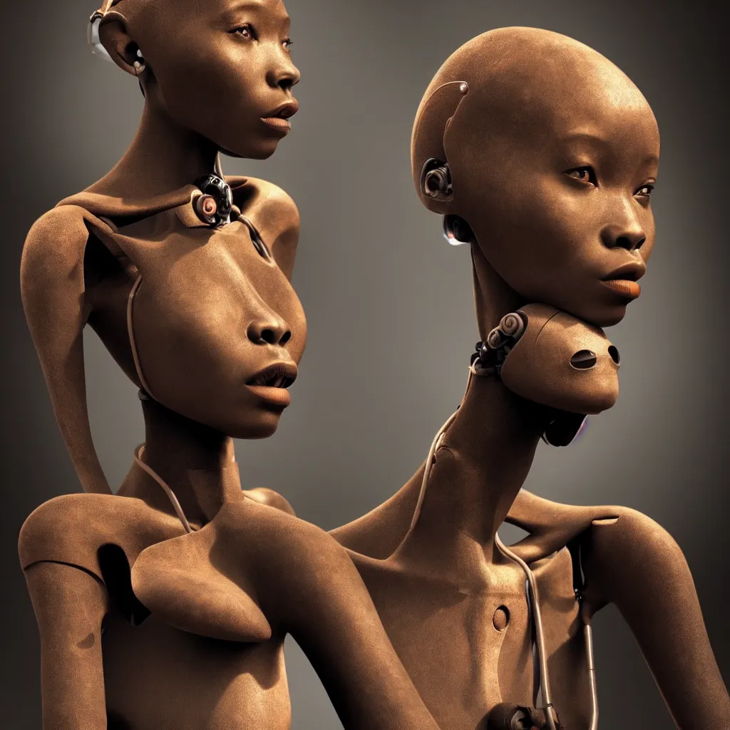 Image similar to beautiful futuristic himba woman, robotic arms, weightless in space, hyperrealistic, scifi, concept art, photograph, portrait, backlit