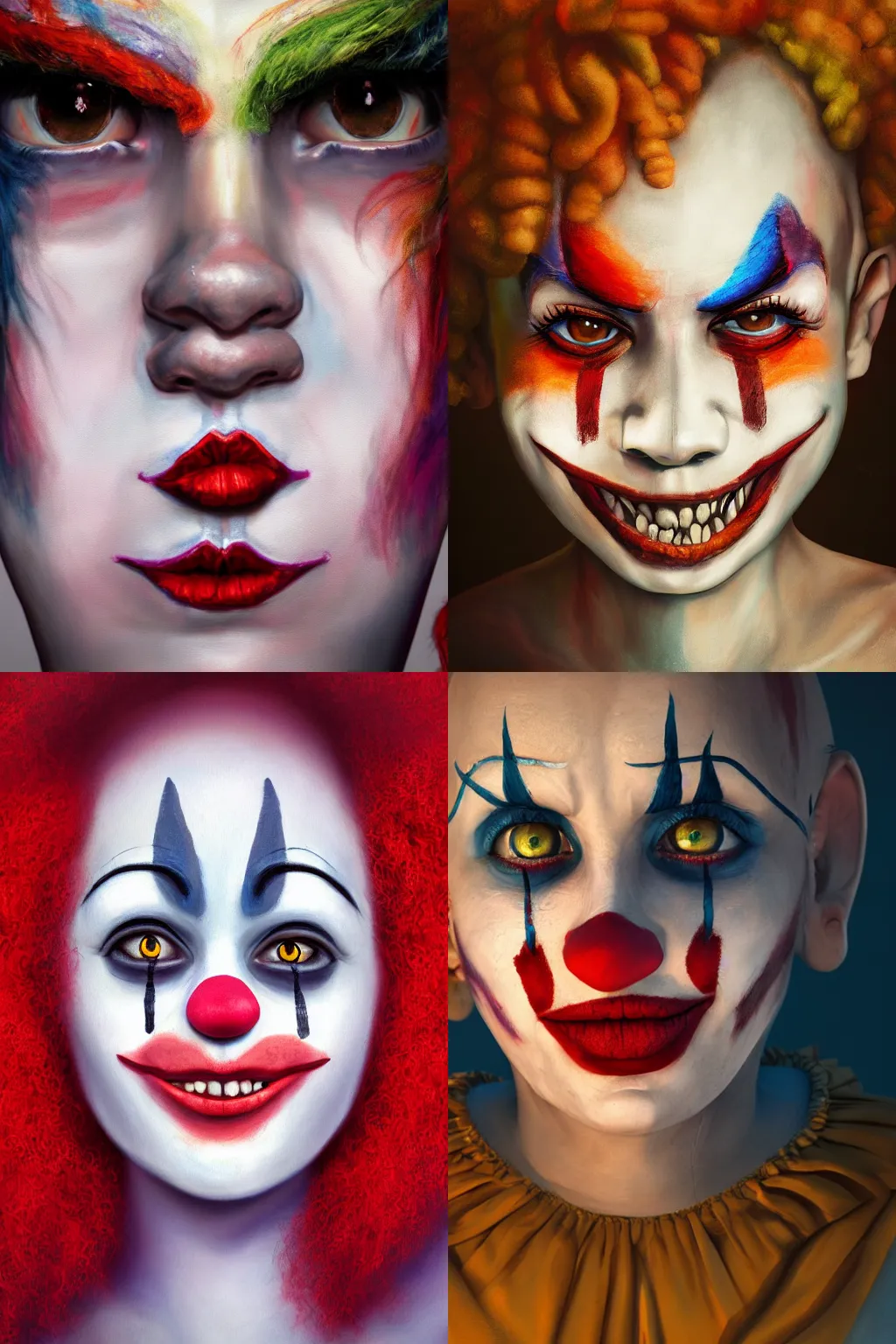Prompt: detailed painting of clown girl ,piercing eyes, hyperrealistic, octane render, ambient light, dynamic lighting