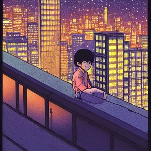 Image similar to a kid in a big city, sits on rooftop, watches a beautiful night full of stars and tech buildings, by satoshi kon and basil gogos