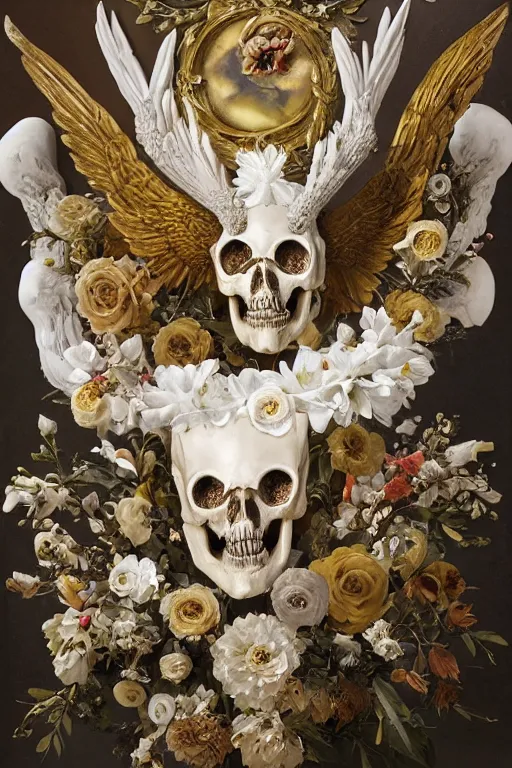 Image similar to A fallen icarus with a giant cyclops eye and golden wings in the form of a Greek sculpture, marble white elk skull, wreath of flowers and abstract eyes, bouquet of bones, many large flying eyes, silk, fabric, birds, flowers. baroque elements, human skull. full-length view. baroque element. intricate artwork by caravaggio. many many birds birds on background. Trending on artstation. halo. octane render, cinematic, hyper realism, octane render, 8k, depth of field, 3D