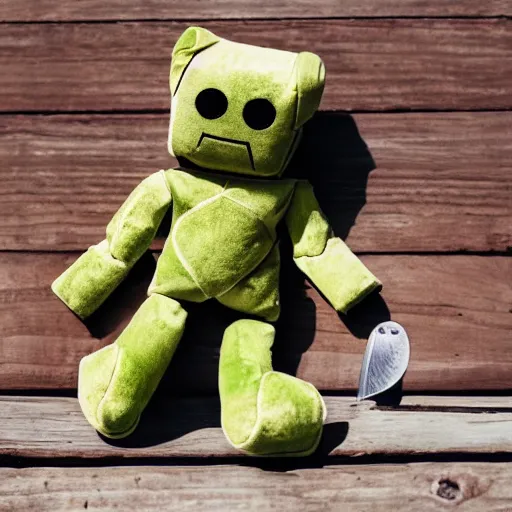 Image similar to a plush robot toy holding a bloody knife. Product photo.