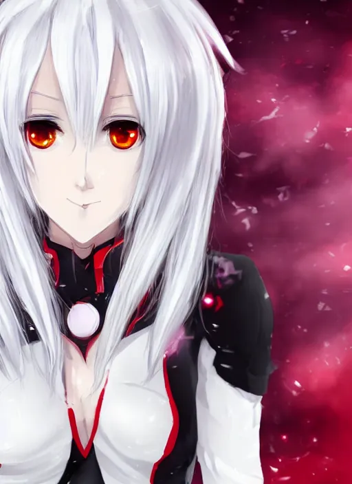 Image similar to white haired anime girl with horns, red eyes, cute