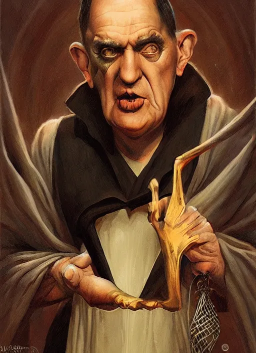 Image similar to moe howard as aleister crowley the grand mage of thelema. art by tom bagshaw and greg danton and manuel sanjulian