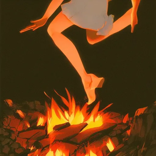 Prompt: a korean woman jumping over a campfire by ilya kuvshinov katsuhiro otomo