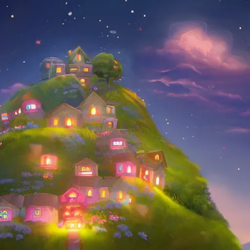 Image similar to beautiful 3 d painting of a colourful house on a hilltop at midnight with small fireflies flying around, in the style of studio ghibli, artstation, unreal engine