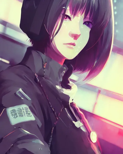 Image similar to kyoto animation, cool lady wearing cyberpunk techwear clothing, beautiful, detailed portrait, cell shaded, 4 k, concept art, by wlop, ilya kuvshinov, artgerm, krenz cushart, greg rutkowski, pixiv. cinematic dramatic atmosphere, sharp focus, volumetric lighting, cinematic lighting, studio quality