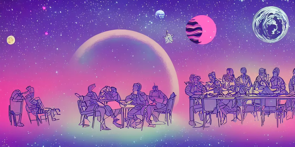 Image similar to twelve astronauts sitting by the river with a big holiday cake + psychedelic vegetation + purple, pink, blue + planets and stars + mystical fog, vintage sci - fi style of the 5 0 s, rule of the third!!!!, line graphics, 8 k, super detail, high quality