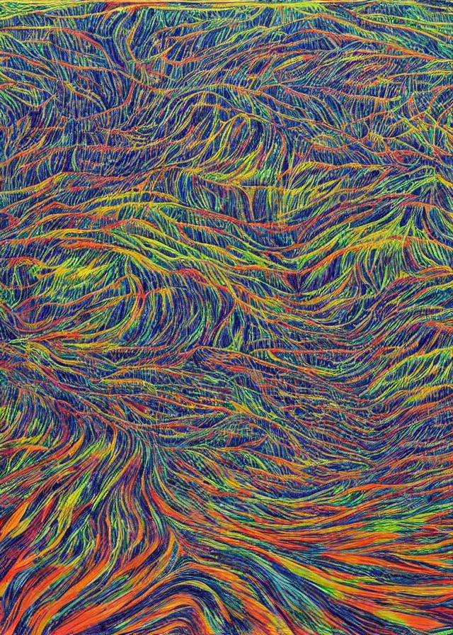 Image similar to beautiful dead meadow with a toxic waste stream landscape painted by Alex Grey