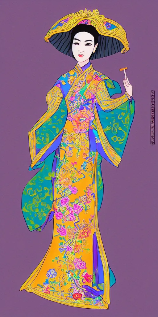 Prompt: silk painting of beautiful vietnamese princess wearing vietnamese ao dai, 2 d game character design, in the style of lam manh