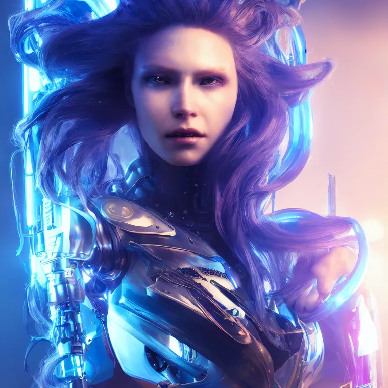 Image similar to beautiful cinematic fantasy poster, a cyberpunk cyborg female with brilliant blue flowing hair, beautiful blue glowing gold eyes, wideshot ultrawide angle epic scale, in the style of Mika Koskensalmi, Jason Chan, art station; cinematic quality character render; low angle; ultra high quality model; production quality cinema model;