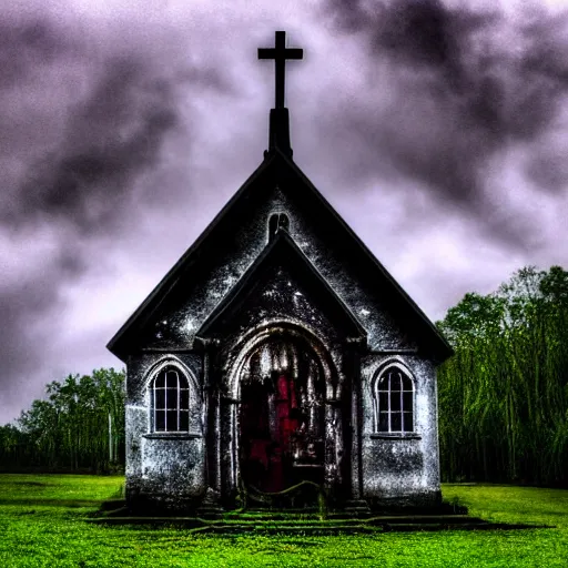 Image similar to Abandoned church covered in moss and surrounded by mist, digital art, dark clouds above