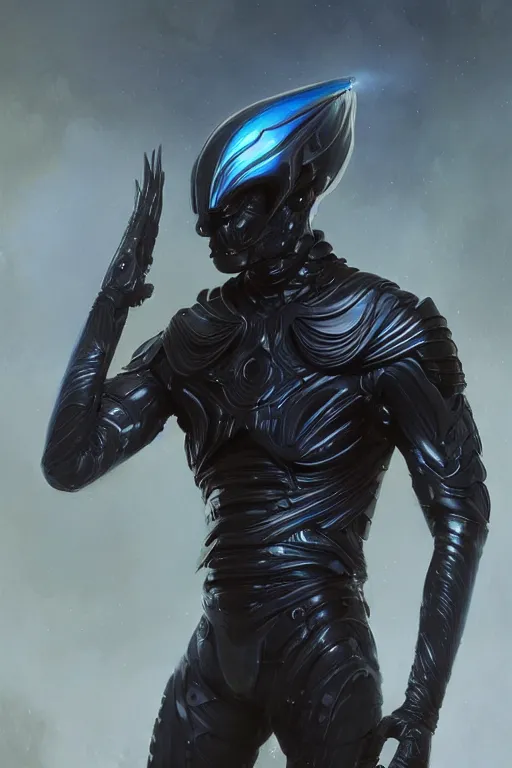 Image similar to iridescent sinewy smooth muscular male sleek glossy black pearlescent scifi armor with smooth black featureless helmet, by greg rutkowski, mark brookes, jim burns, tom bagshaw, magali villeneuve, eve ventrue, trending on artstation