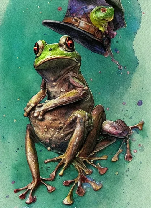 Prompt: detailed frog with a wizard hat by jean - baptiste monge and frank frazetta, post processing, painterly, book illustration watercolor granular splatter dripping paper texture, ink outlines, painterly, trending on artstation, trending on pinterest childrens art