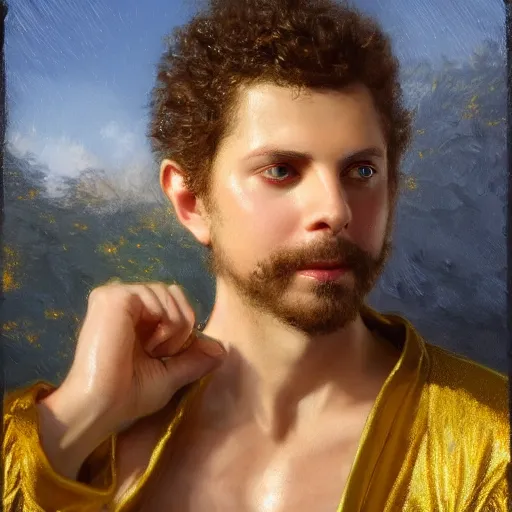 Prompt: detailed realistic cinematic wide shot of beautiful attractive muscular michael cera black beard pose with gold chain wearing blue suit gold robe slim face symettrical face clean skin black eyes black robe smooth, sharp focus, ultra realistic, spring light, painting by gaston bussiere, craig mullins, j. c. leyendecker