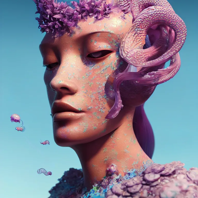 Image similar to goddess full painted acryllic sculpture close-up portrait. orchid bird phoenix jellyfish betta fish, intricate artwork by Tooth Wu and wlop and beeple. octane render, trending on artstation, greg rutkowski very coherent symmetrical artwork. cinematic, hyper realism, high detail, octane render, 8k