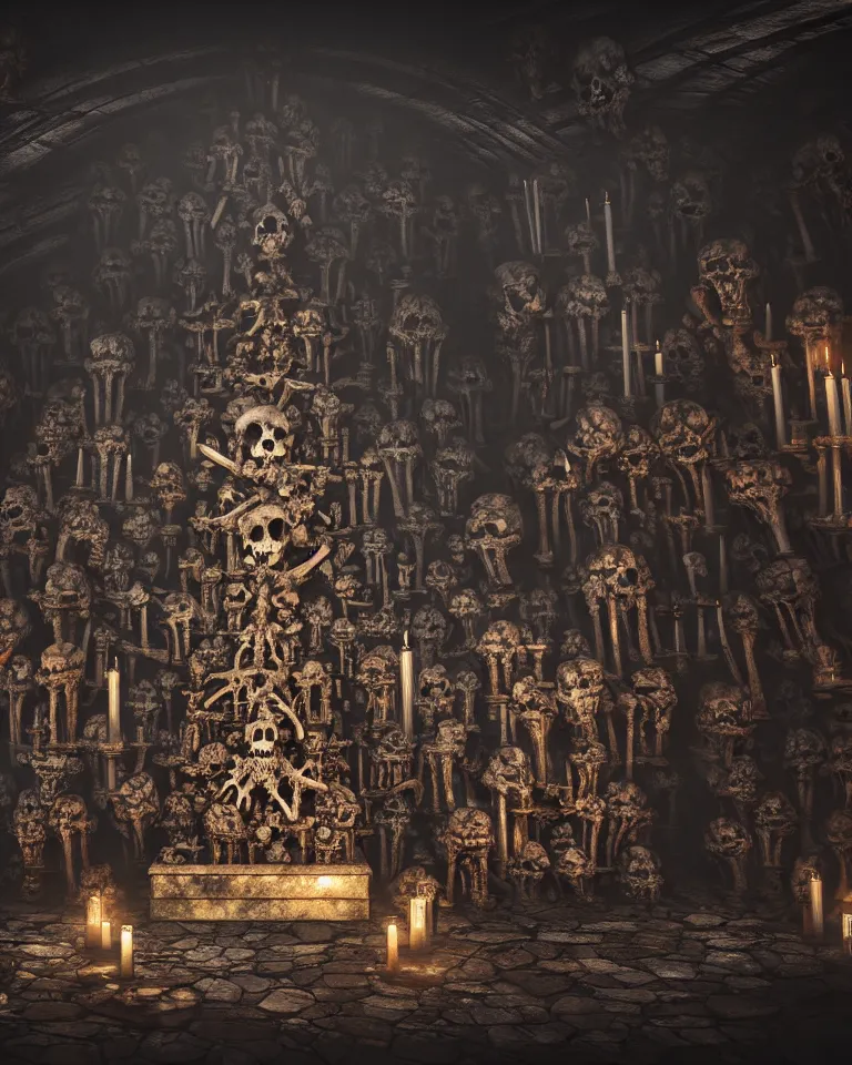 Image similar to full color, low ultrawide interior shot of sedlec ossuary, bones, anime style mixed with fujifilm, dark, foggy, atmospheric, artstation, cgsociety, octane render, cgi, denoise, detailed, cinematic masterpiece