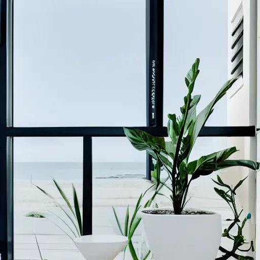 Prompt: zen minimalist clean modern white plant balcony, soft - light, cool, overlooking beach