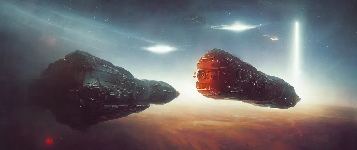 Image similar to concept art, exploration spaceship drifting in space, the expanse tv series, industrial design, industrial apparent, immensity, wide angle, cinematic lighting, 4k, widescreen ratio, by sparth, beksinski