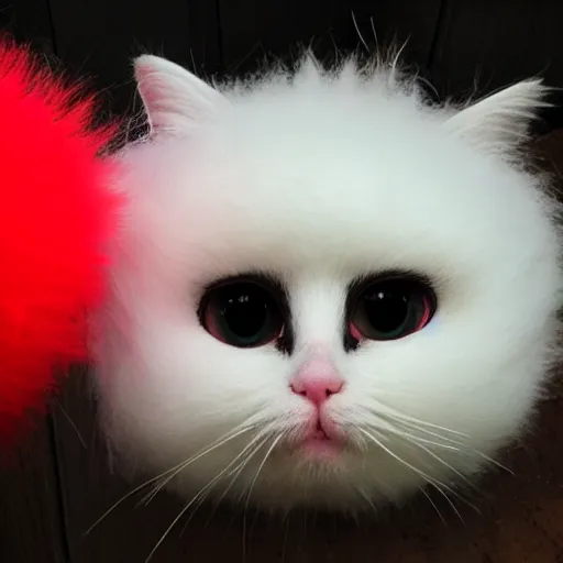 Prompt: photo of a cute floating cat head puffball clown