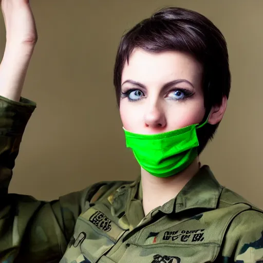 Image similar to brunette woman, short hair, flipped out ends, bright green eyes, military uniform, smirk