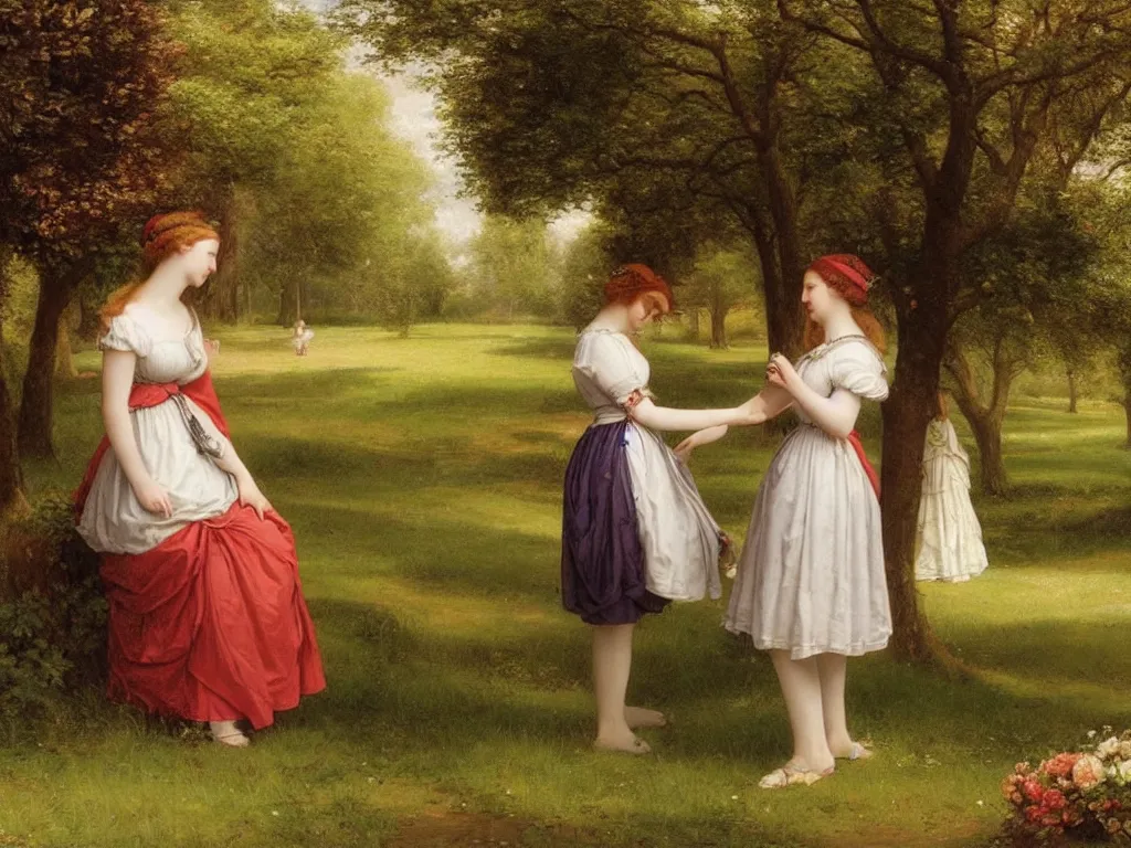 Image similar to a shy young couple have a secret rendezvous in a park : : springtime, in the style of edmund blair leighton