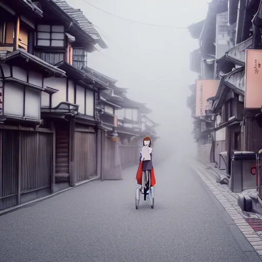 Image similar to anime girl riding bicycle in highly detailed kyoto street, studio ghibli style, by hayao miyazaki, sharp focus, desaturated, fog, highly detailed, 4k