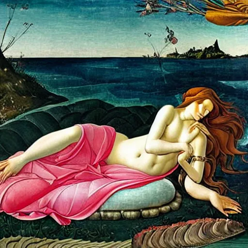 Prompt: an ultradetailed mythological oil painting of a beautiful woman with long brown hair, full body, wearing pink floral chiton, lying within a giant scallop shell, near the seashore, intricate lines, elegant, renaissance style, by sandro botticelli