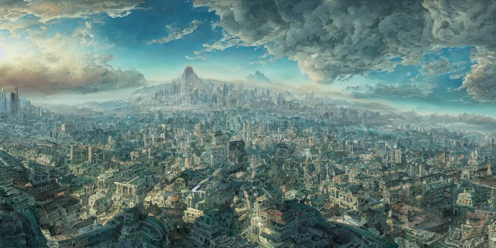 Prompt: a matte painting japanese print of a cityscape in the distance made of stunning double sided koroit patterned boulder opal and jade, vray tracing, 8k resolution, ultra-high definition, UHD, paint swirls and phyllotaxis, quantum wavetracing by Peter Mohrbacher and Wayne Barlowe, by michal karcz and greg rutkowski, metal, marble, and wood materials