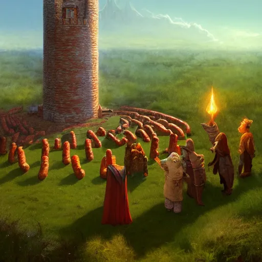 Prompt: a wizard's tower standing alone in a circle of hot dogs, meadow, plains full of burgers, wizard tower, golden chicken nuggets, golden french fries, fantasy, artwork by Marc Simonetti, artwork by Ted Nasmith, Ted Nasmith and Marc Simonetti, 8K, D&D concept art, D&D wallpaper