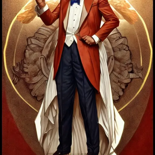 Image similar to a full body portrait of colonel sanders the greek god!!! extremely beautiful, anatomically accurate, by artgerm and by greg rutkowski and by alphonse mucha and by simon bisley, radiant light, detailed and intricate environment,