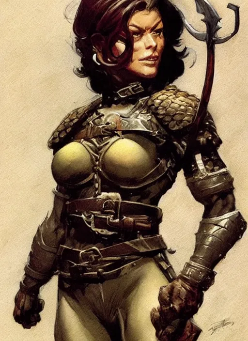 Image similar to portrait of strong female ranger, beautiful! coherent! dungeons and dragons character, by frank frazetta, by brom, strong line, deep color, leather armor, short buzzed hair, high contrast