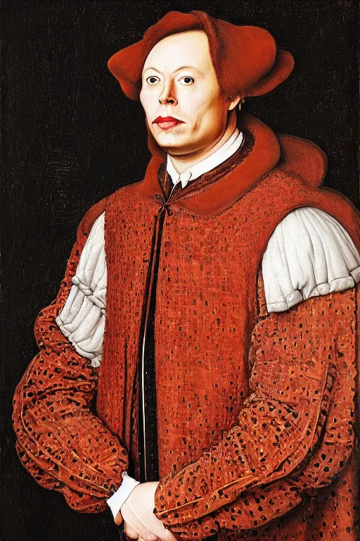 Prompt: portrait of elon musk, oil painting by jan van eyck, northern renaissance art, oil on canvas, wet - on - wet technique, realistic, expressive emotions, intricate textures, illusionistic detail