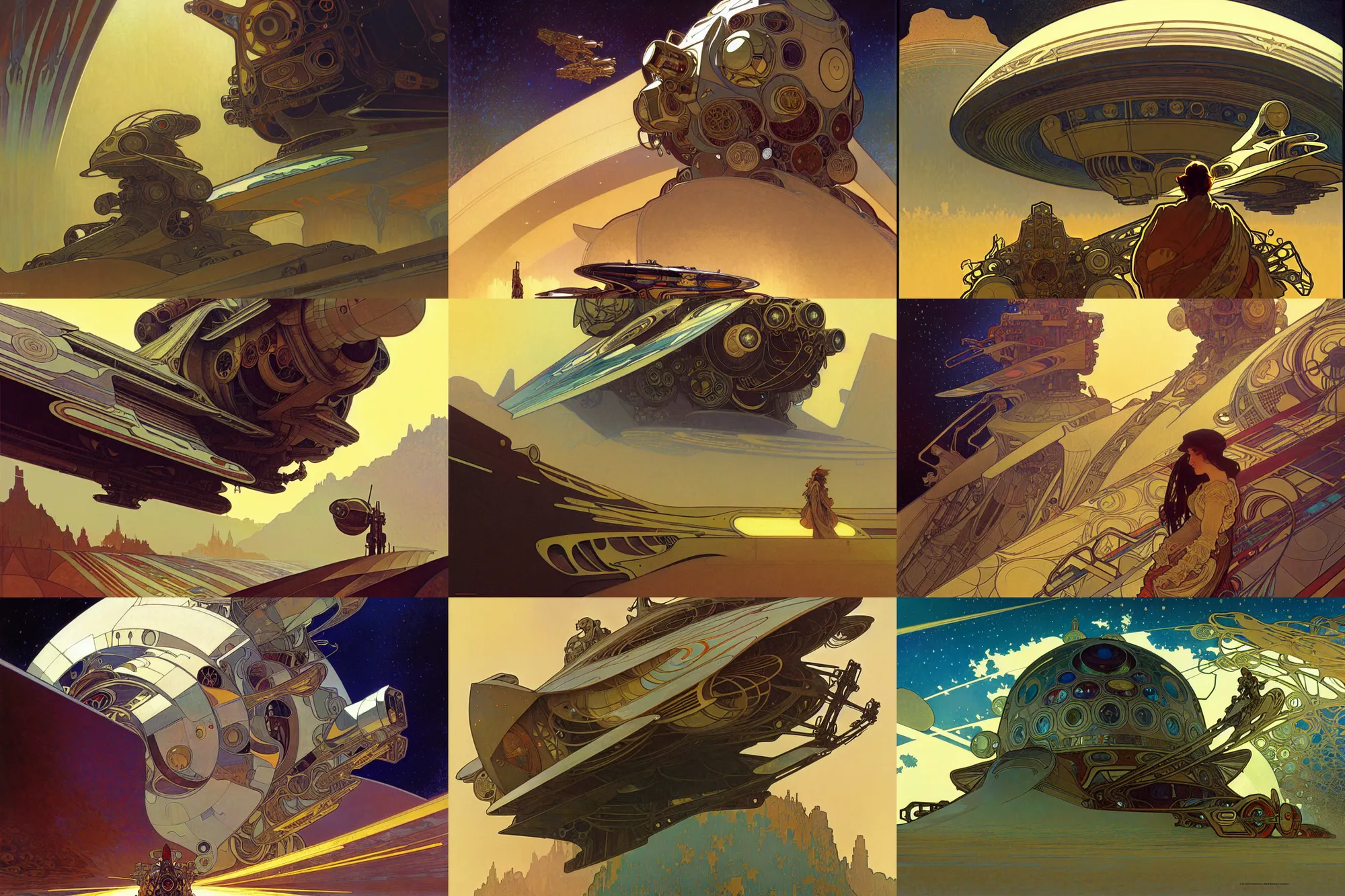 Prompt: alphonse mucha, concept art, exterior illustration of a starship traveling, cinematic, dynamic composition, jean giraud, sparth, craig mullins, gustav klimt, japanese, omni magazine, dieter rams, buddhist architecture, mecha, rule of thirds, foreboding, mysticism