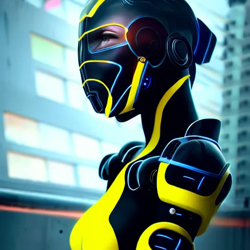 Image similar to A hyperrealistic portrait painting of a cyber warrrior girl wearing futuristic mecha suit, black and yellow shinny color armor, ultradetailed face expression trending on artstation and artbreeder, cyberpunk color feel raining at tokyo midnight rooftop, unreal 5, DAZ, 8k, unreal 5 engine render, cosplay, RPG portrait, final fantasy Vll world concept, dramatic lighting, rim lights, PS5 render quality