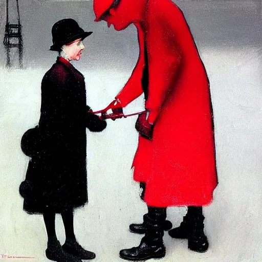 Prompt: a highly detailed epic cinematic concept art, a thin man in a black coat and bowler hat talks with small young girl who is dressed in a red coat and a red hat, Berlin park, autumn, 1923, in the style of in the style of Francis Bacon and Syd Mead and Norman Rockwell and Beksinski, painted by Francis Bacon and Edward Hopper, painted by James Gilleard, surrealism, airbrush, Ilya Kuvshinov, WLOP, Stanley Artgerm, very coherent, triadic color scheme, art by Takato Yamamoto and James Jean, high detail, width 768