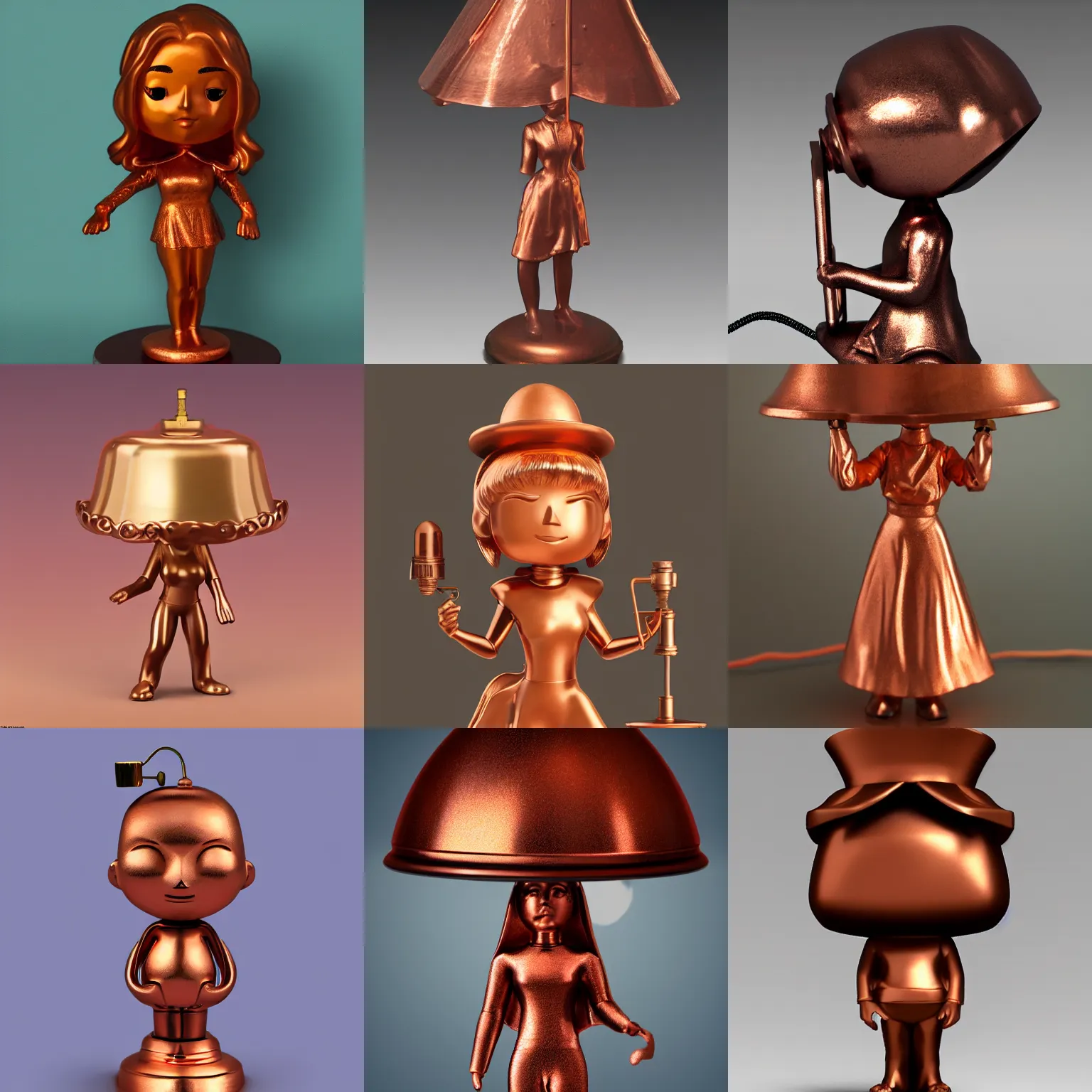 Prompt: copper woman lamp from 1 8 9 0, funko pop, render, plain background