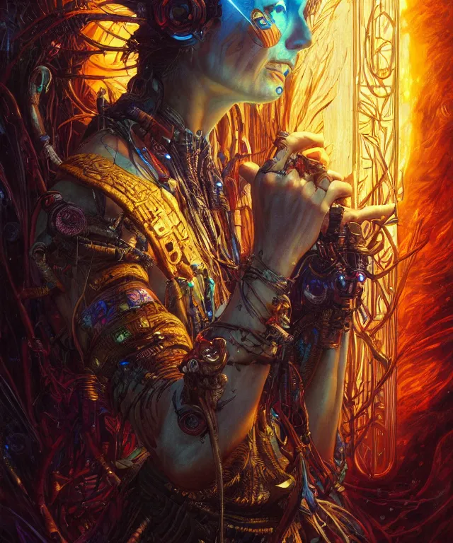 Image similar to a beautiful tarot card artwork of a cyberpunk nature shaman, backlit, highly detailed, digital painting, by karol bak and eddie mendoza and dan mumford and artgerm, vivid colors, masterpiece, detailed shading, 8 k resolution, intricate, smooth