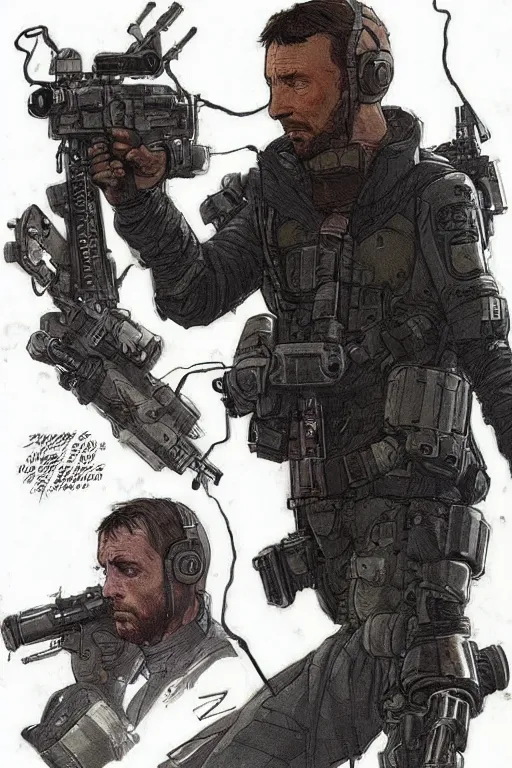 Image similar to zazie the ghost. blackops mercenary in near future tactical gear and cyberpunk headset. Blade Runner 2049. concept art by James Gurney and Mœbius.